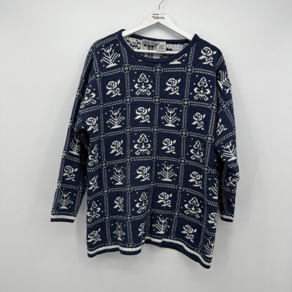 Cabin Creek Vintage Blue Multi Floral Sweater Grannycore Size 1X